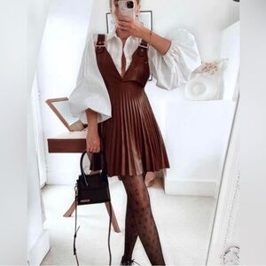 NWT Zara Brown Faux Leather Pleated Pinafore Dress Brown Size XS Blogger Fave